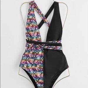 Black Spliced Floral Tied Waist One Piece Swimsuit